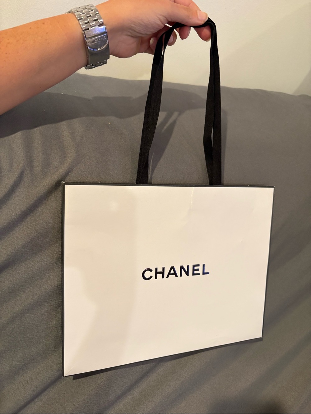 Authentic CHANEL White Paper Shopping Bag with Black Ribbon Material Handles